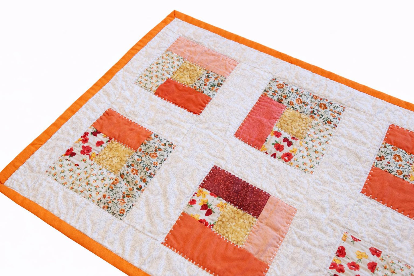 Handmade Log Cabin Patchwork Table Runner: Orange & Yellow Quilted Topper