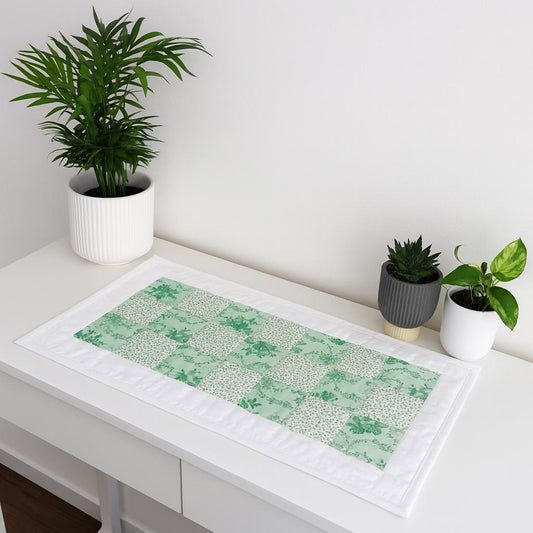 Green Floral Quilted Table Runner • Handmade Cotton Patchwork Mat • Fresh Cottage Decor