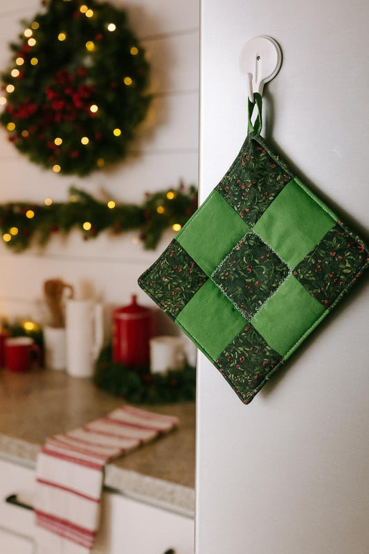 Handmade Nine Patch Quilted Potholder – Holly Berry Hot Pad or Trivet