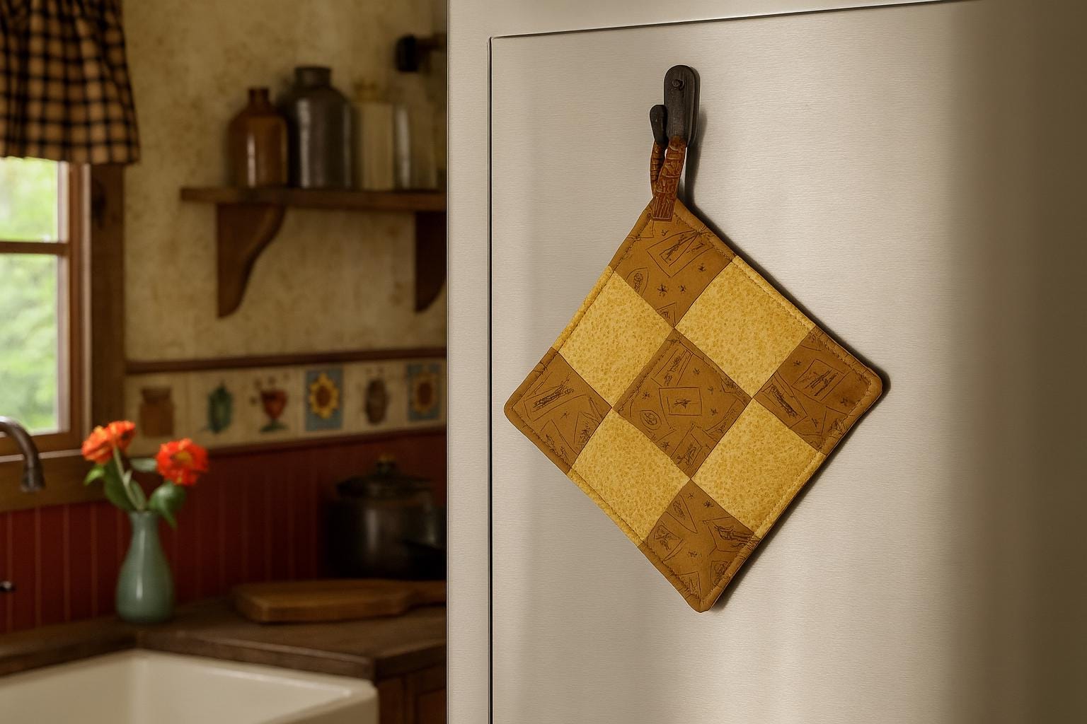 Handmade Nine Patch Quilted Potholder – Yellow & Tan Primitive Print – Trivet