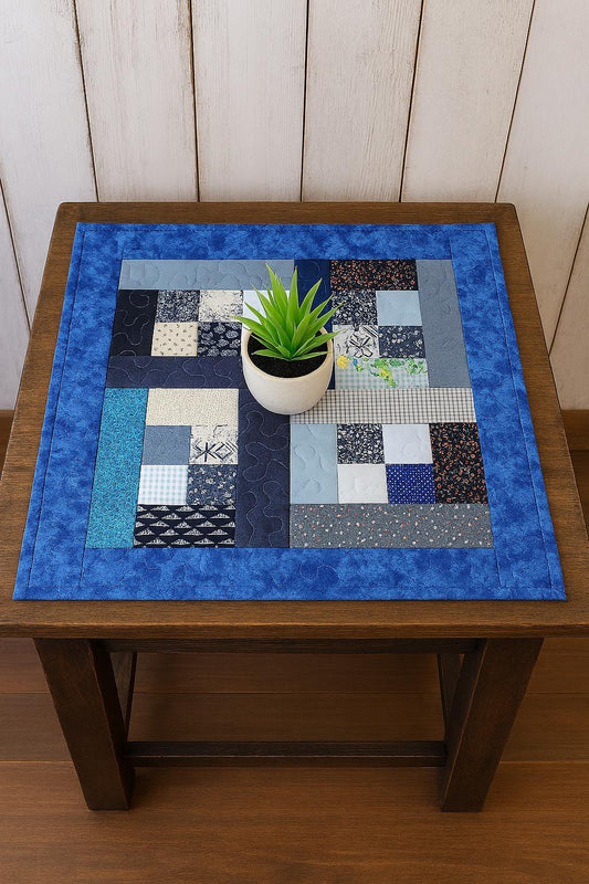 Blue & White Patchwork Table Topper – 23.5" Square – Quilted Cotton Table Quilt