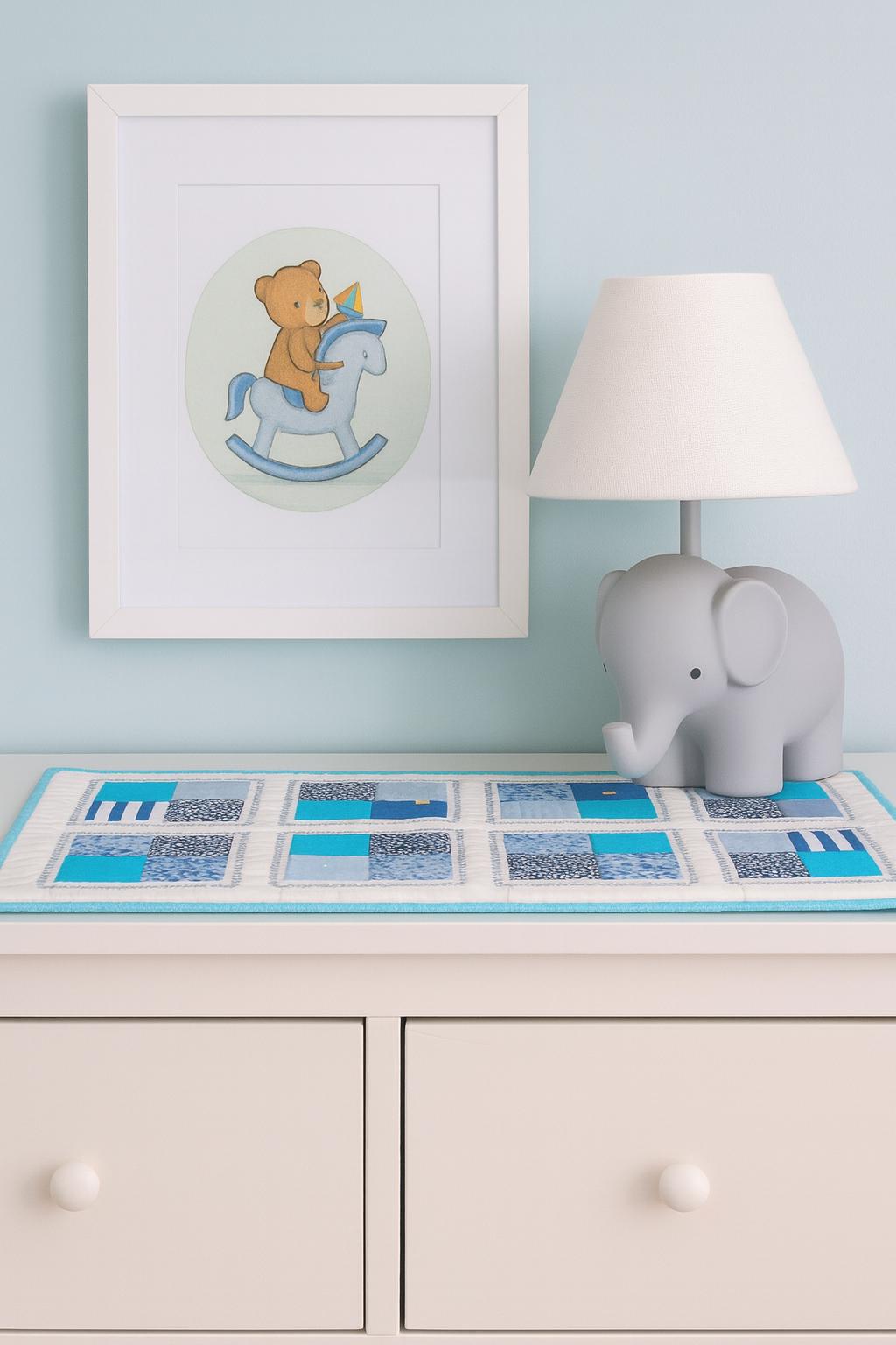 Quilted Baby Boy Table Runner 26 x 14 Light Blue Patchwork Dresser Decor