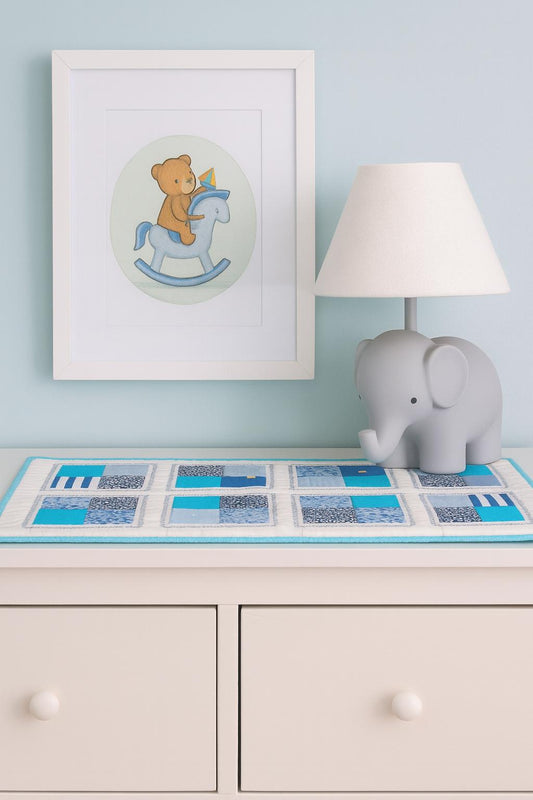 Quilted Baby Boy Table Runner 26 x 14 Light Blue Patchwork Dresser Decor