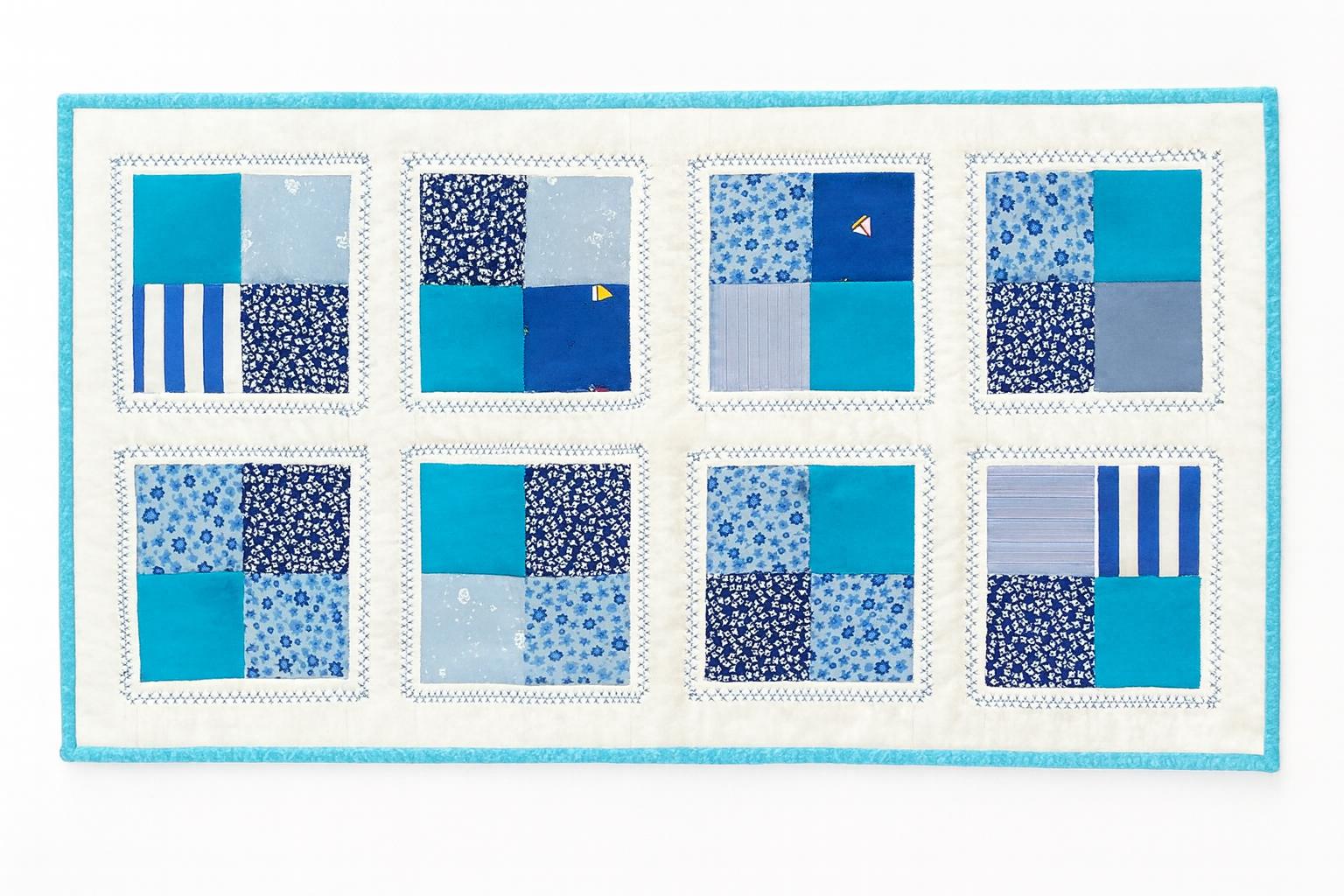 Quilted Baby Boy Table Runner 26 x 14 Light Blue Patchwork Dresser Decor