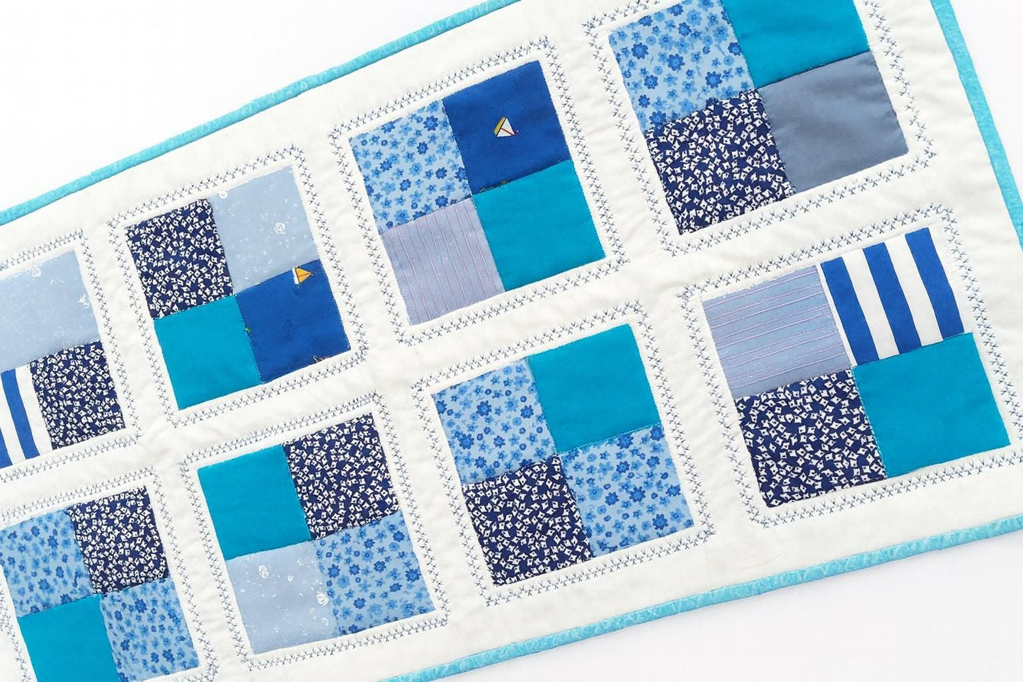 Quilted Baby Boy Table Runner 26 x 14 Light Blue Patchwork Dresser Decor