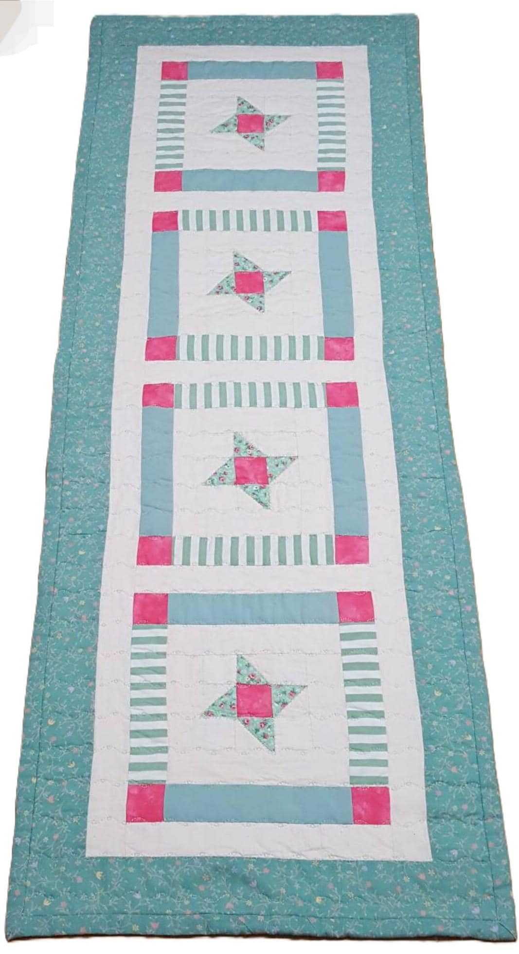 Sea Glass Quilted Table Runner: Beachy Pink Star Patchwork, 41.5 x 16