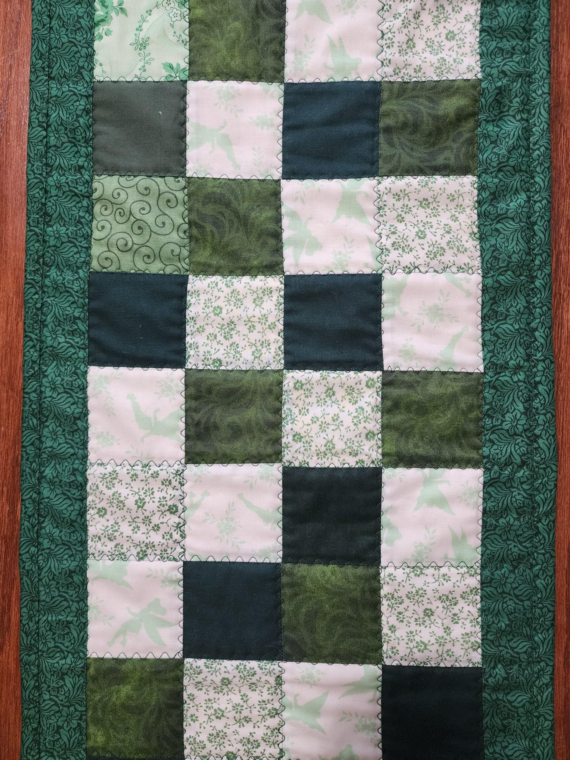 Quilted Green & White Patchwork Table Runner – 100% Cotton – St. Patrick’s Day or Spring Decor