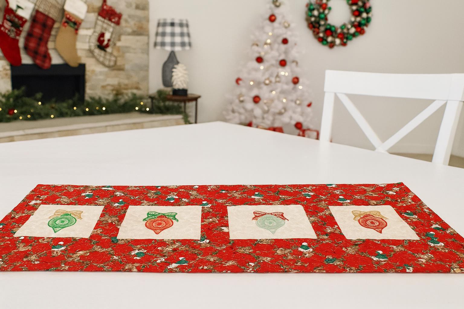 Quilted Christmas Table Runner – Embroidered Ornaments & Vintage Red Print – 29.5" x 13"