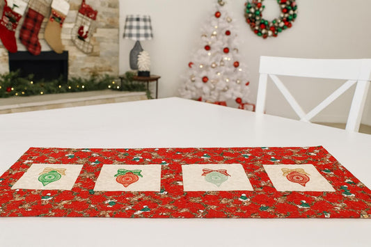Quilted Christmas Table Runner – Embroidered Ornaments & Vintage Red Print – 29.5" x 13"