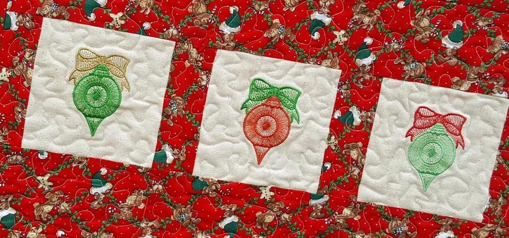 Quilted Christmas Table Runner – Embroidered Ornaments & Vintage Red Print – 29.5" x 13"