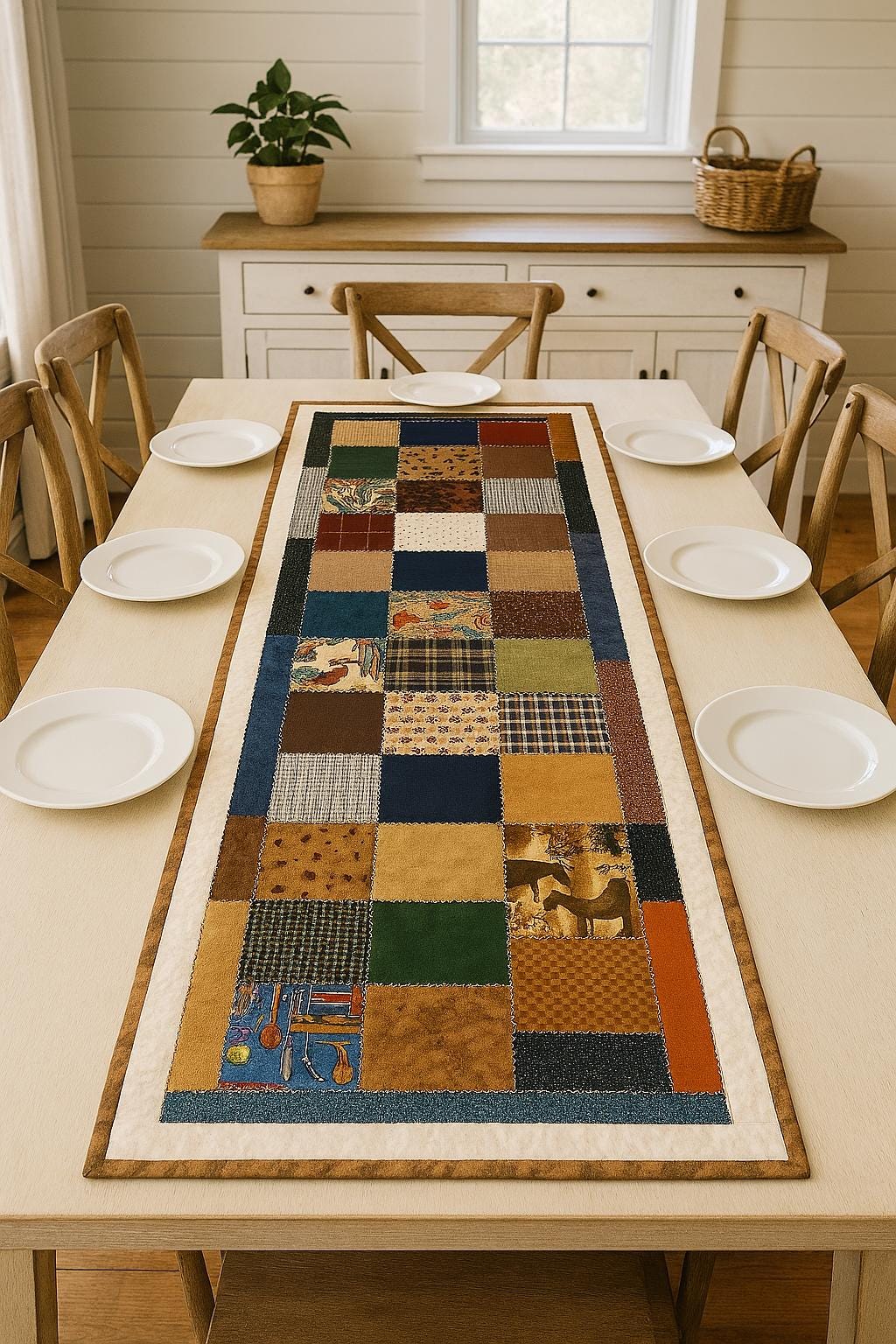 Handmade Patchwork Table Runner • Wildlife Prints, Rustic Cabin Decor (58" x 19")