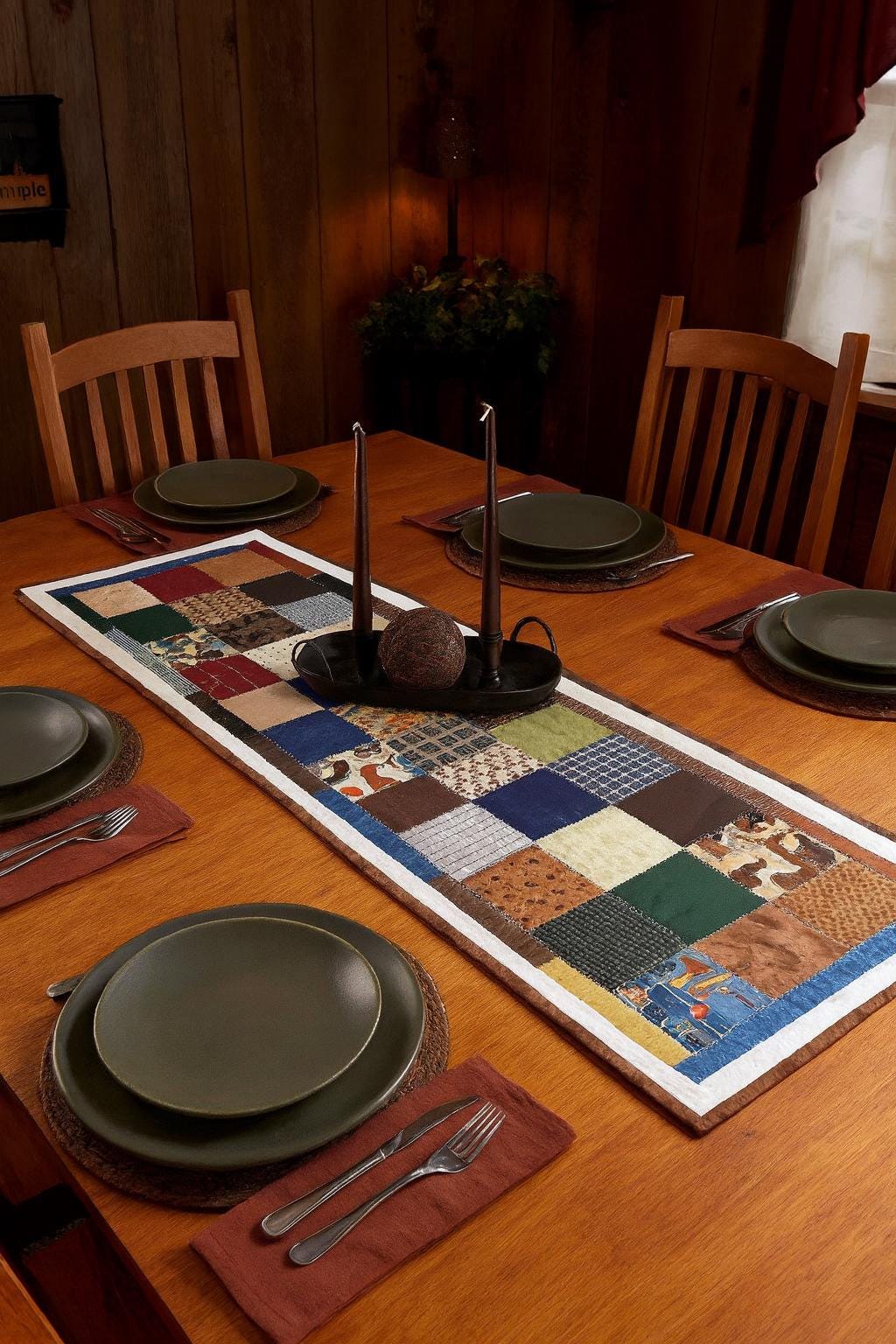 Handmade Patchwork Table Runner • Wildlife Prints, Rustic Cabin Decor (58" x 19")