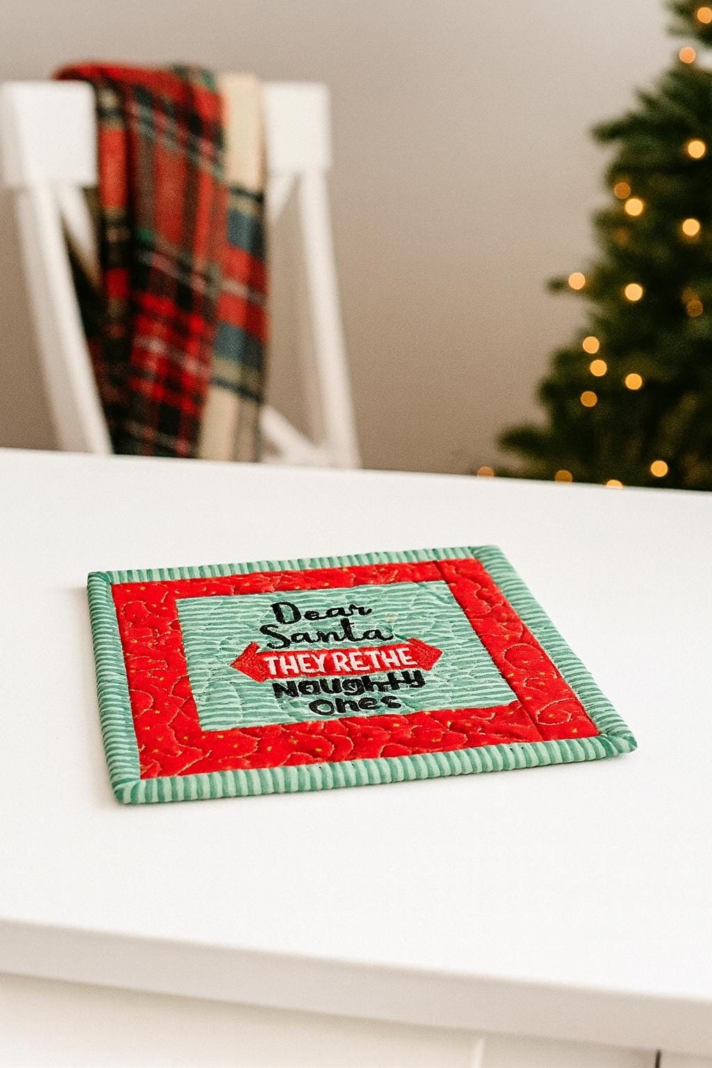 Holiday Mug Rug “Dear Santa, They’re the Naughty Ones” Quilted Coffee Mat