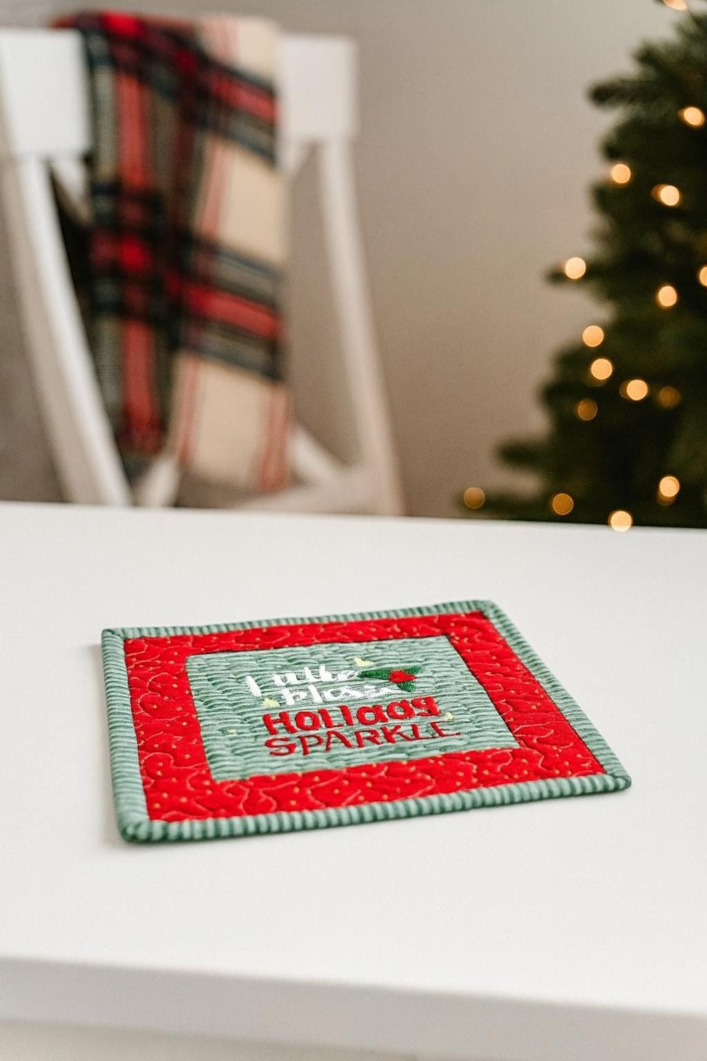 Quilted Mug Rug • “Little Miss Sparkle” • Holiday Coffee Mat • Stocking Stuffer