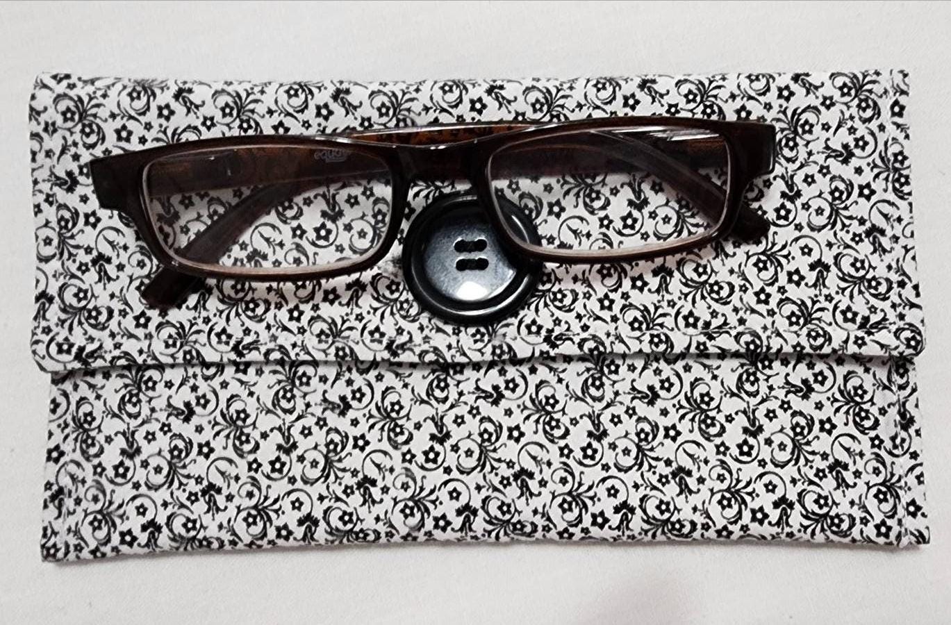 Soft Quilted Fabric Case – Black & White Scroll Print – Multi-Purpose Eyewear Pouch with Button Closure