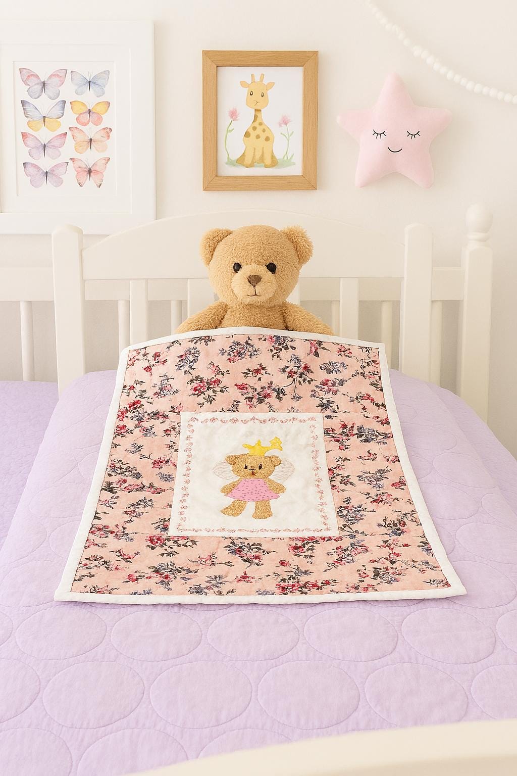 Handmade Mini Doll Quilt – 13.5" x 10" – Floral Patchwork with Embroidered Bear Fairy