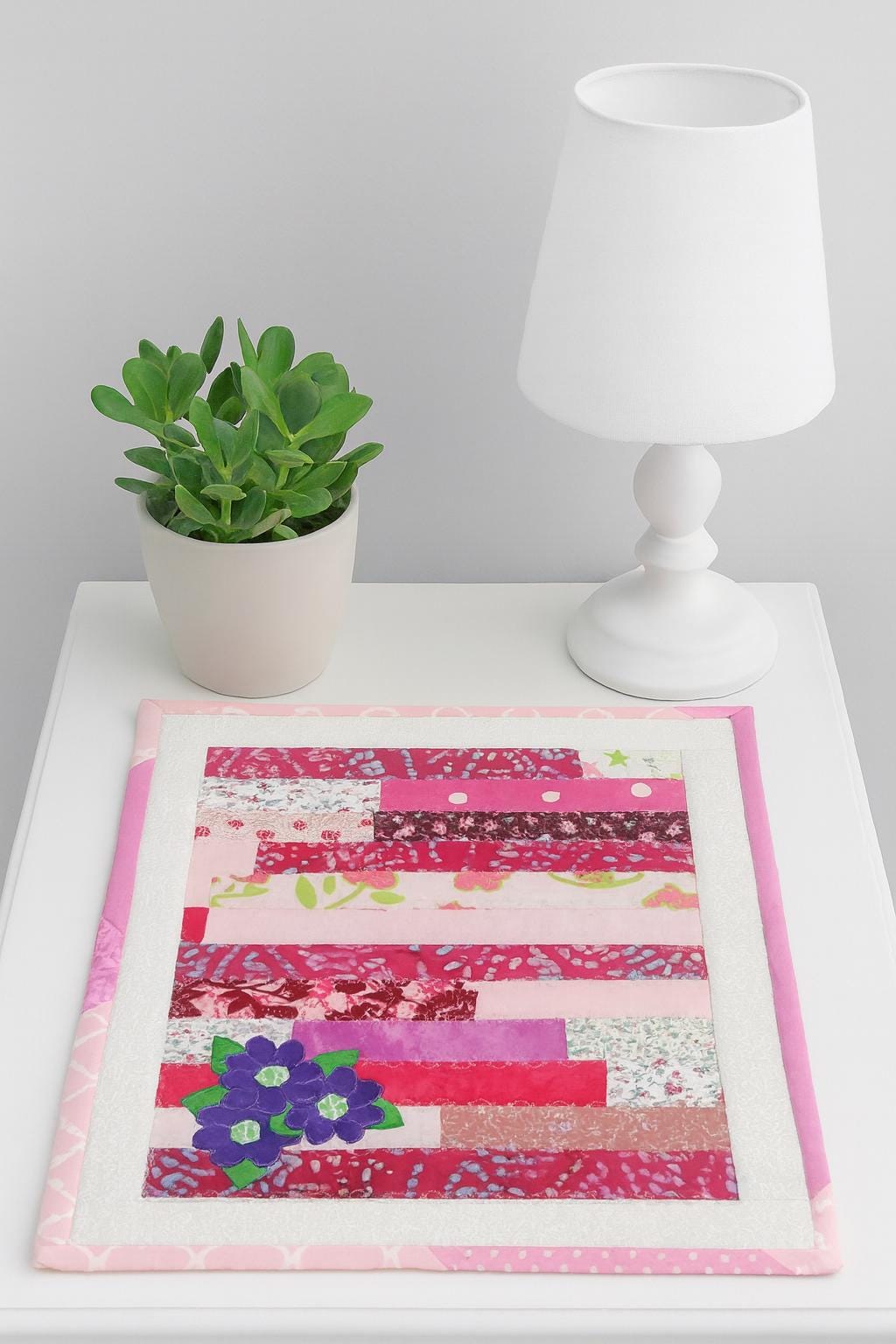 Patchwork Doll Quilt, Table Mat – Pink Strip Quilt with Appliqué Flowers