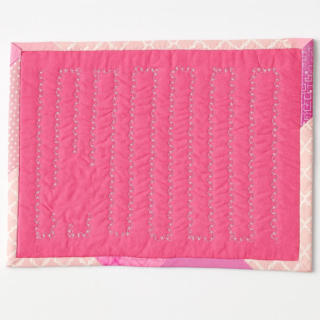 Patchwork Doll Quilt, Table Mat – Pink Strip Quilt with Appliqué Flowers