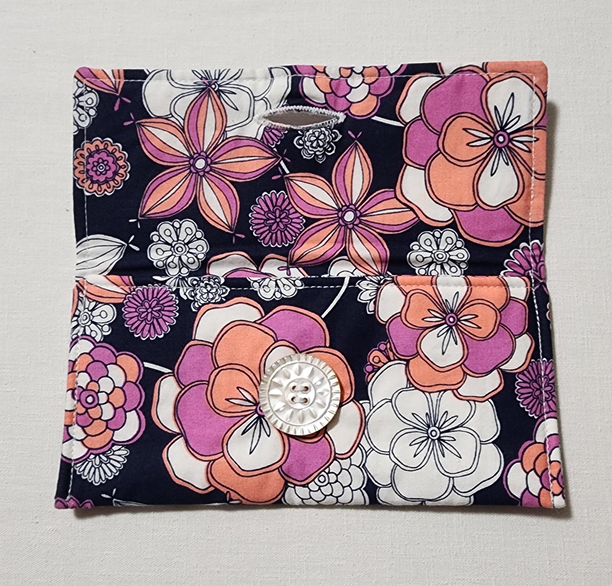 Floral Fabric Eyewear Case – Peach, Purple & White Print with Button Closure