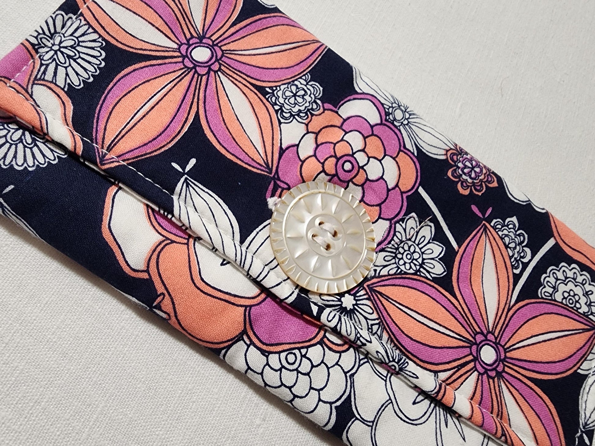 Floral Fabric Eyewear Case – Peach, Purple & White Print with Button Closure