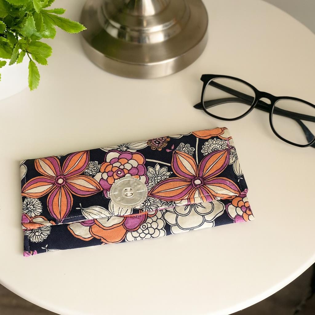Floral Fabric Eyewear Case – Peach, Purple & White Print with Button Closure