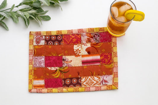 Quilted Mug Rug • Handmade Mini Table Topper • Warm Patchwork Accent