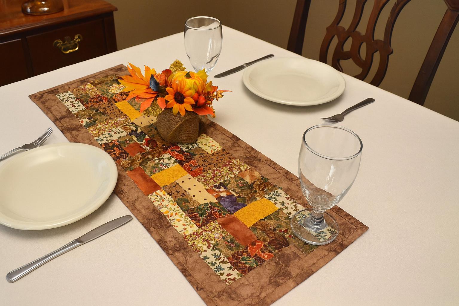 Handmade Earthy Quilted Table Runner, Vibrant color Patchwork