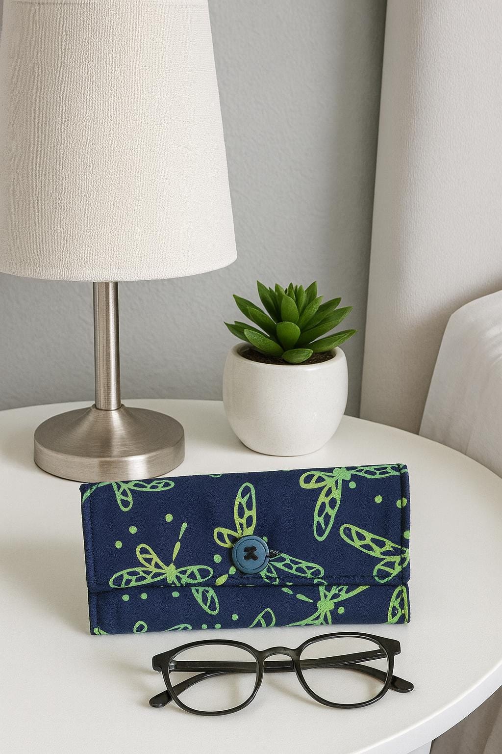Teal Butterfly Batik Fabric Case – Handmade Quilted Eyewear Pouch with Button Closure