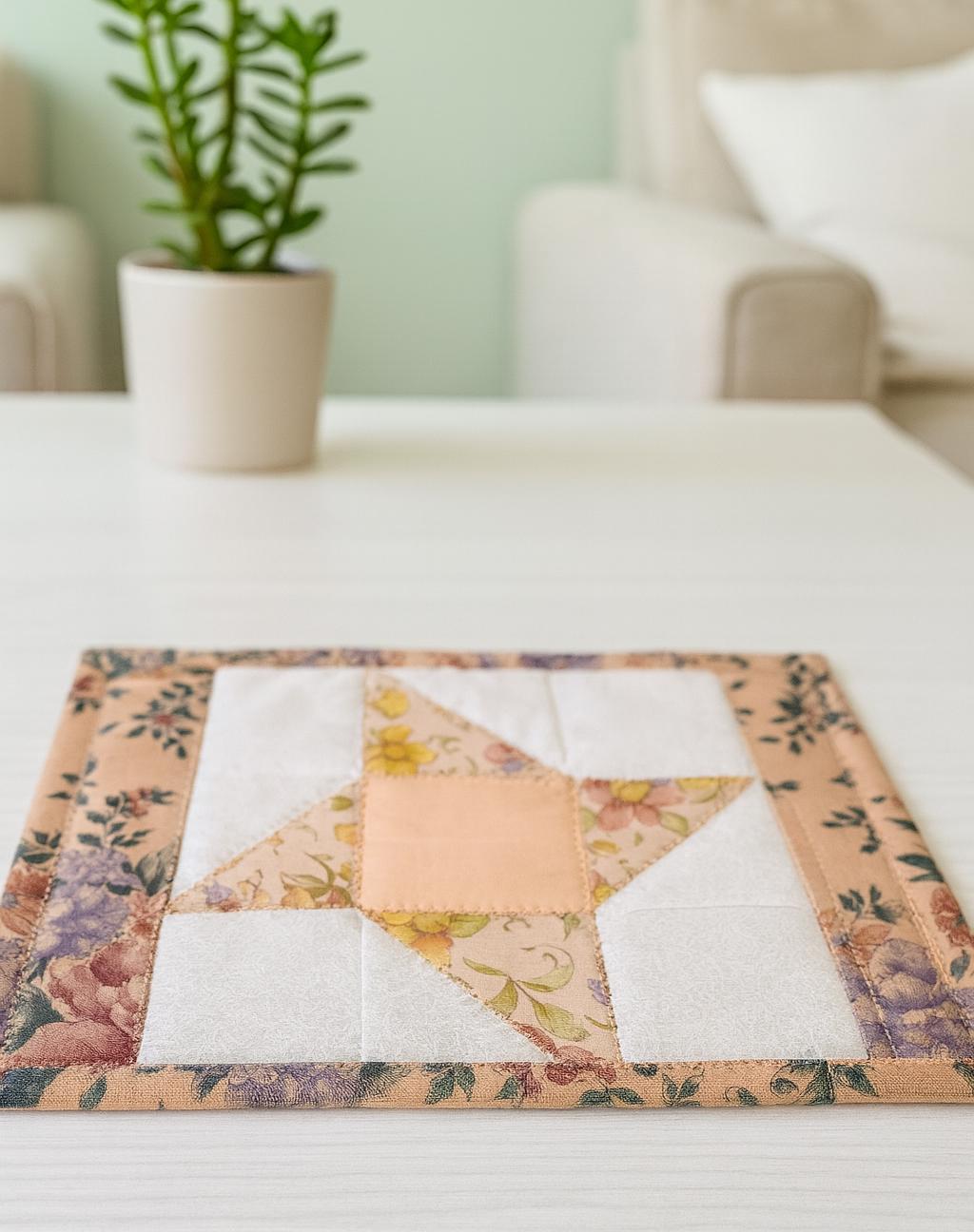 Peach Star Quilted Mug Rug – Cotton – Decorative Stitching