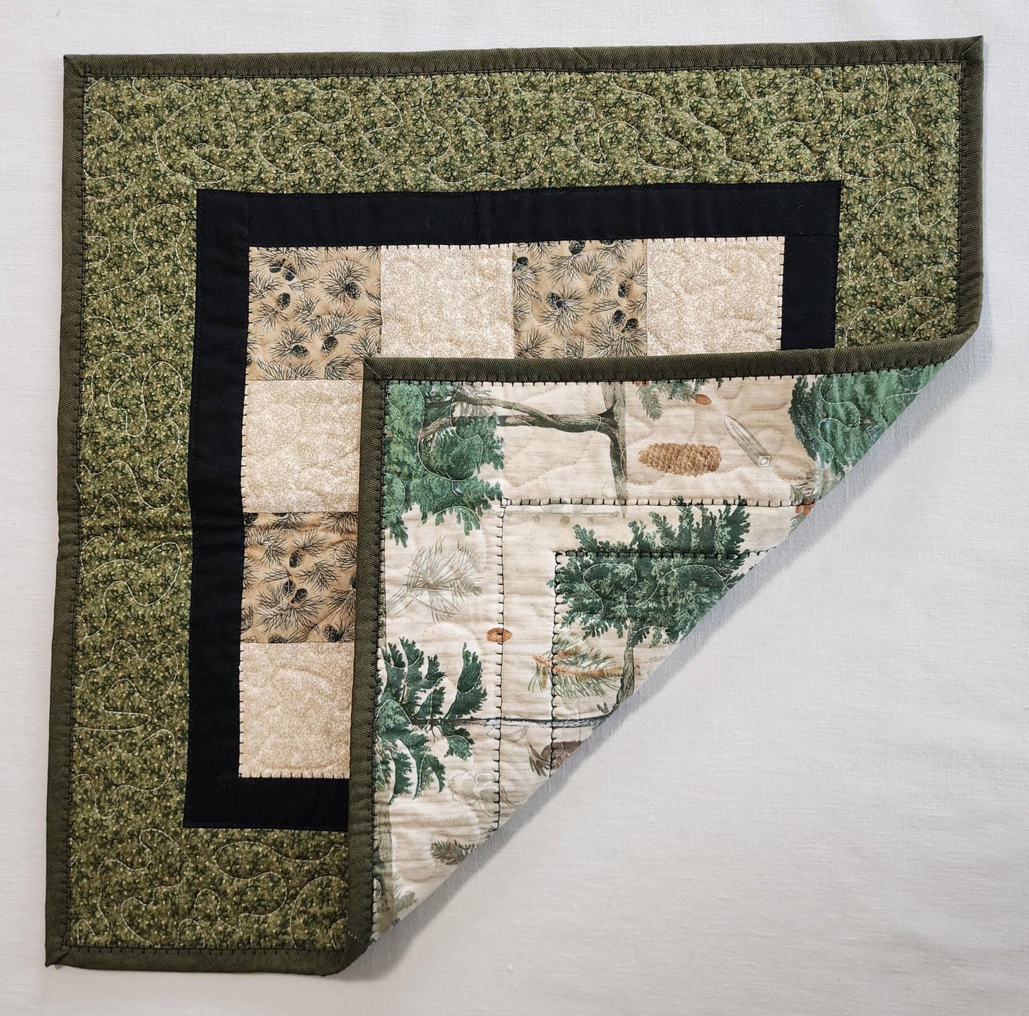 Rustic Pinecone Patchwork Table Topper • Cabin Decor • Handmade Cotton Quilt • 20" Square
