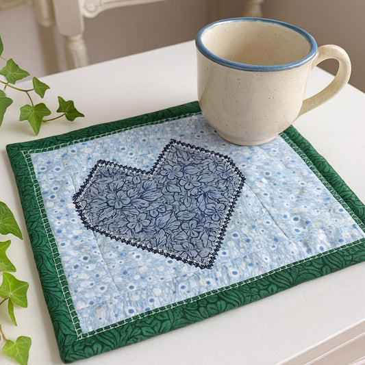 Quilted Blue and Green Heart Mug Rug – Reversible – 100% Cotton