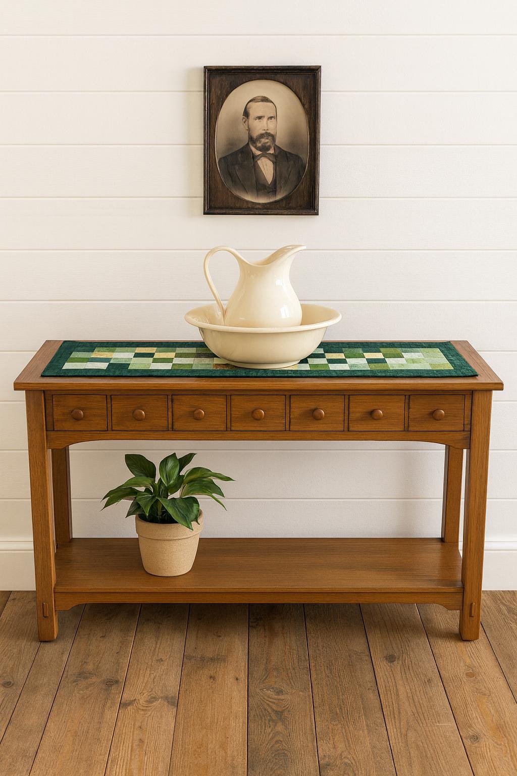 Quilted Green & White Patchwork Table Runner – 100% Cotton – St. Patrick’s Day or Spring Decor
