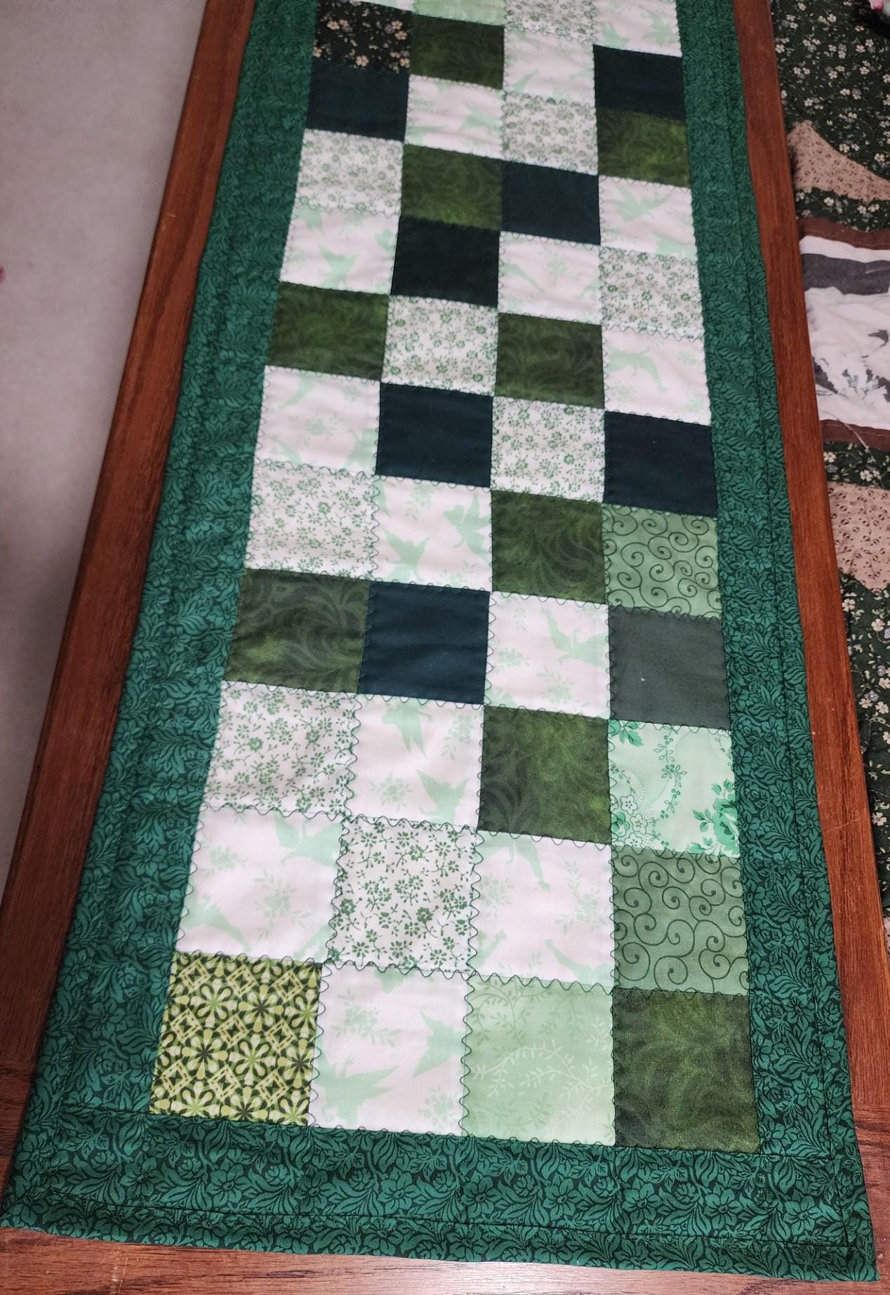 Quilted Green & White Patchwork Table Runner – 100% Cotton – St. Patrick’s Day or Spring Decor