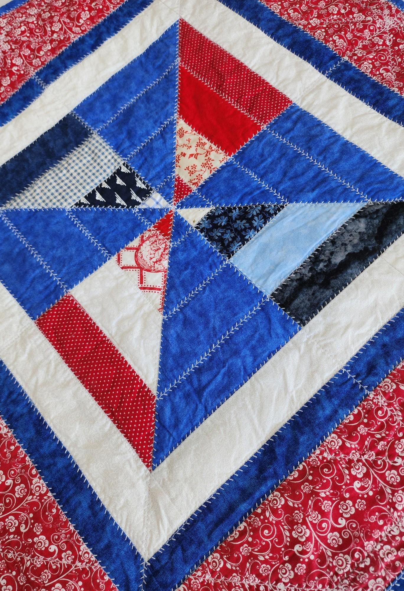 Patriotic Quilted Table Topper • Red White & Blue Pinwheel • Independence Day Picnic Decor