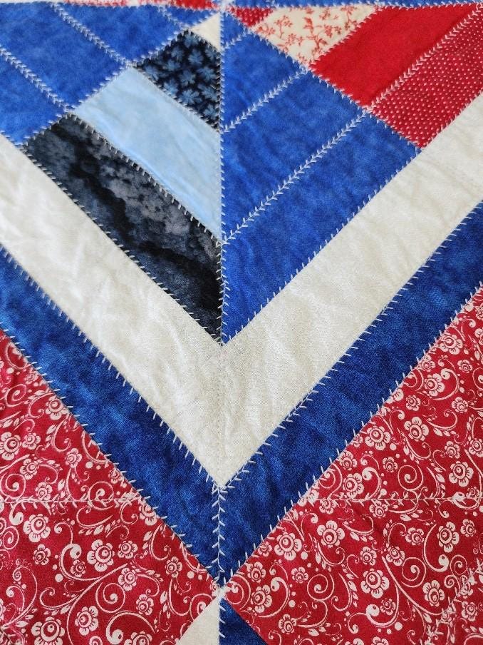 Patriotic Quilted Table Topper • Red White & Blue Pinwheel • Independence Day Picnic Decor