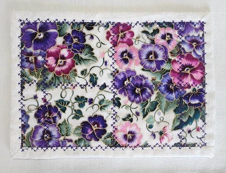 Quilted Mug Rug • Large Coaster • Purple Floral Spring Accent