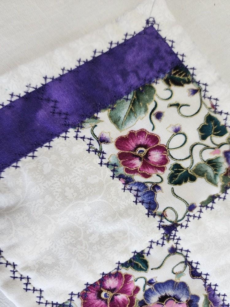 Quilted Mug Rug • Large Coaster • Purple Floral Spring Accent