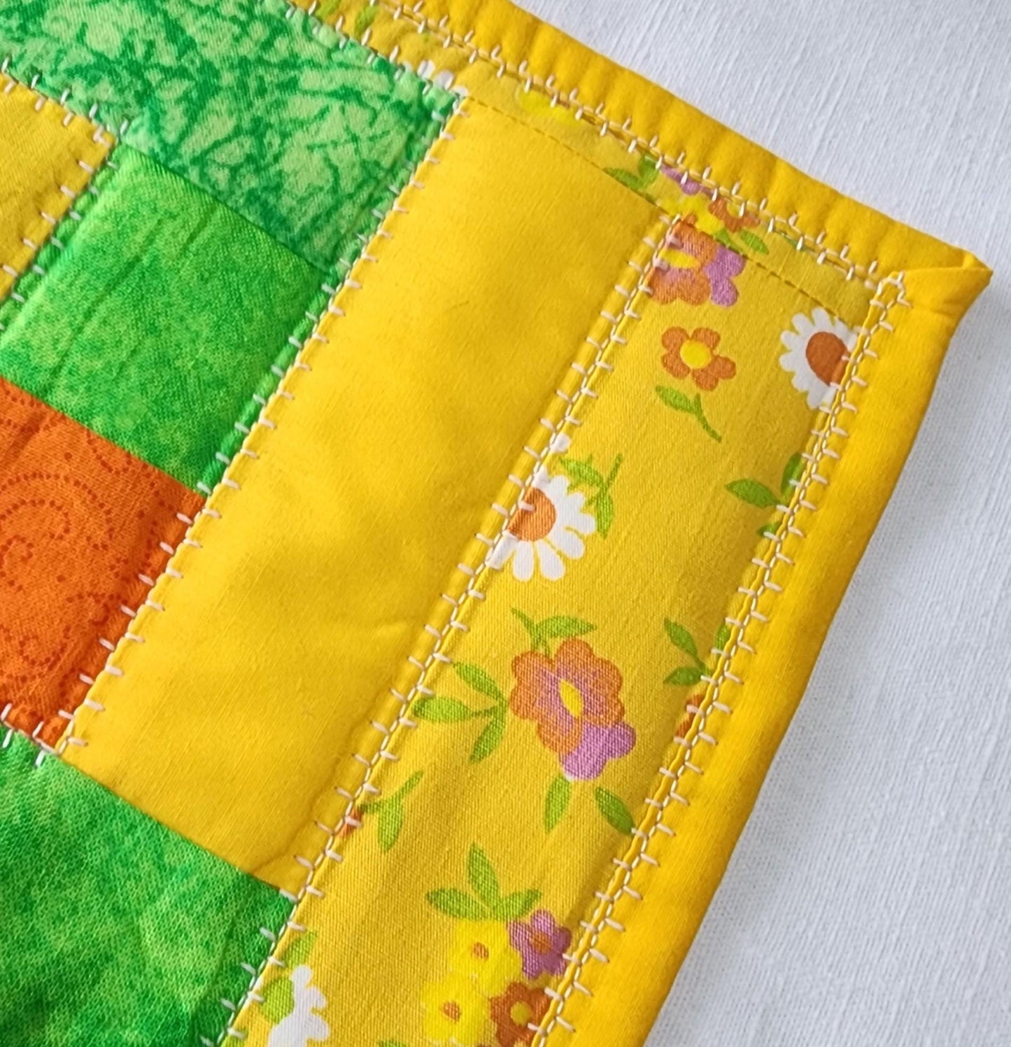 Handmade Quilted Mug Rug • Yellow Green Orange Cotton Coaster (7"x9")