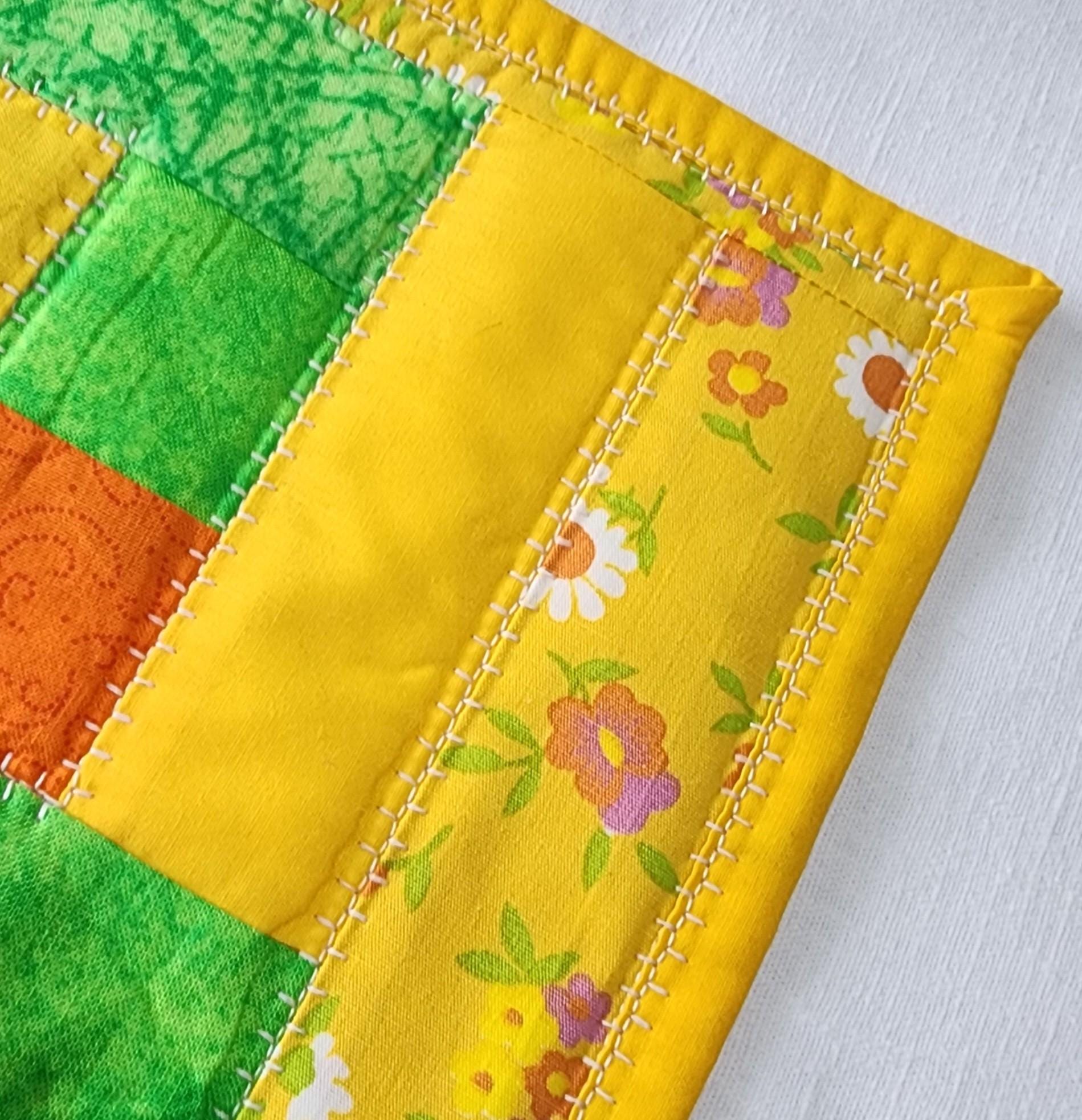 Handmade Quilted Mug Rug • Yellow Green Orange Cotton Coaster (7"x9")