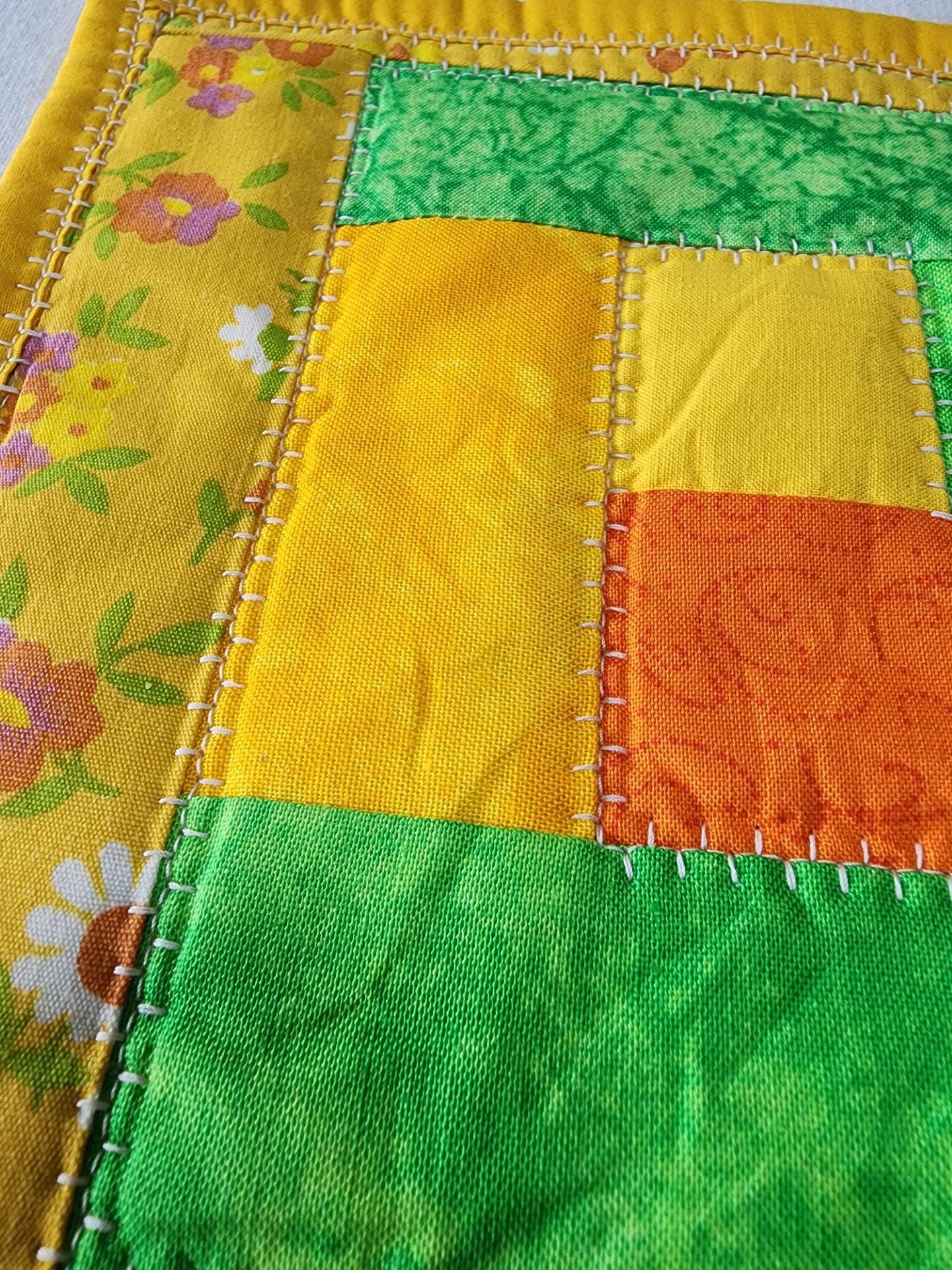 Handmade Quilted Mug Rug • Yellow Green Orange Cotton Coaster (7"x9")