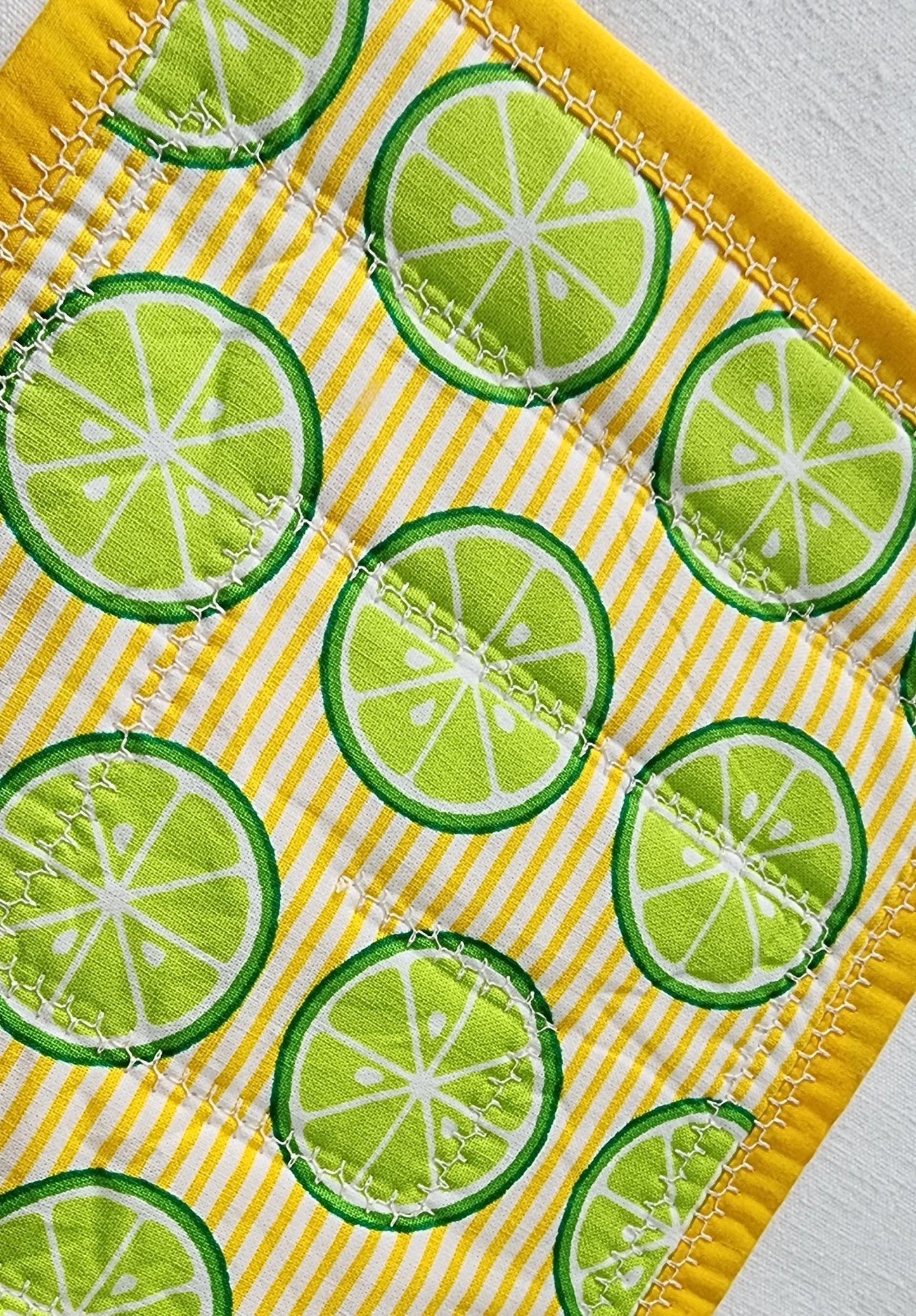 Handmade Quilted Mug Rug • Yellow Green Orange Cotton Coaster (7"x9")