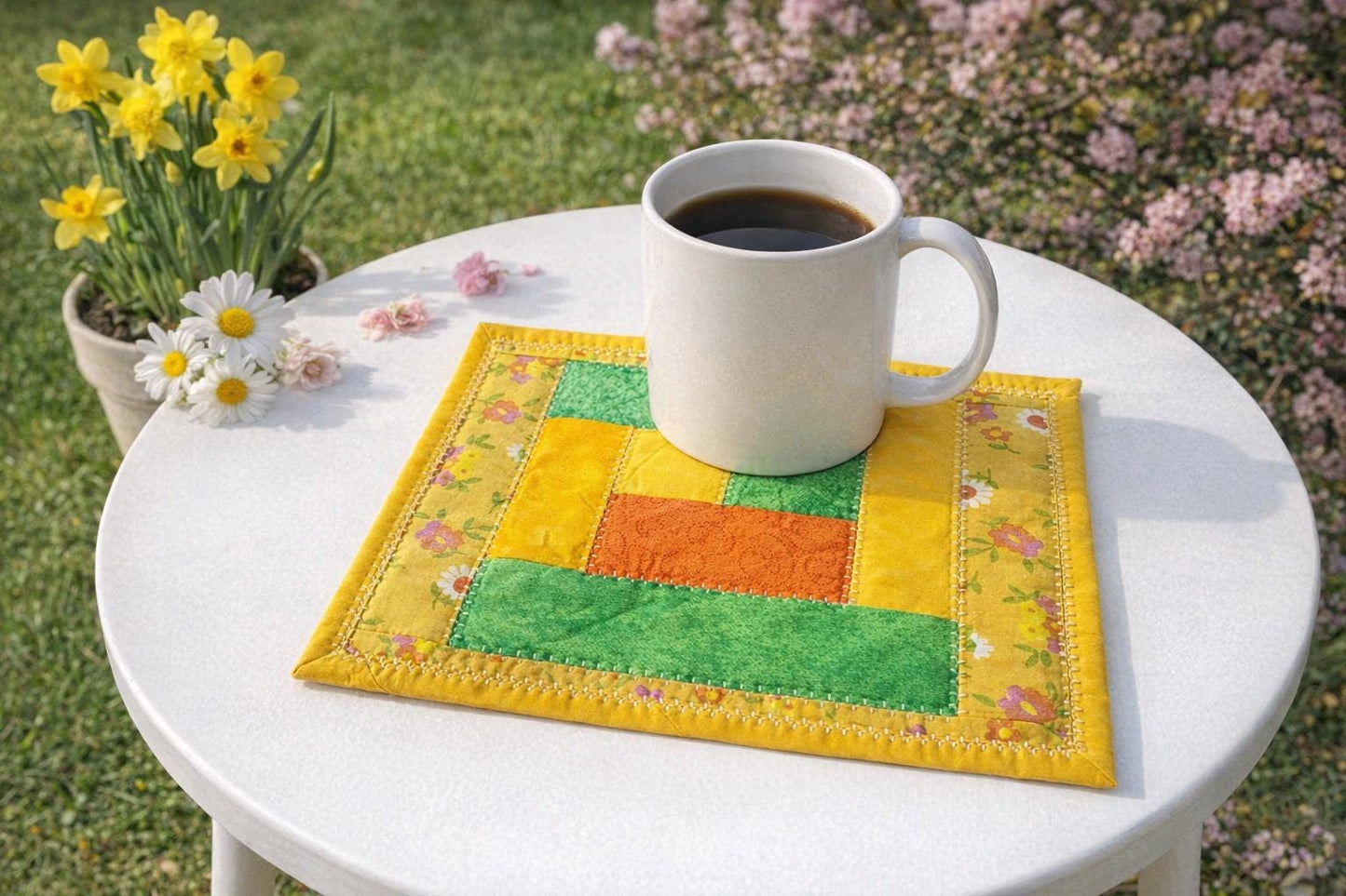 Handmade Quilted Mug Rug • Yellow Green Orange Cotton Coaster (7"x9")