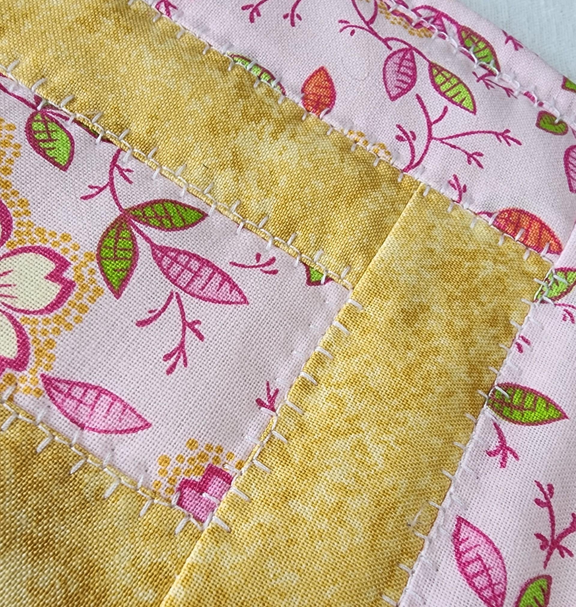 Pink and Yellow Floral Quilted Mug Rug • Large Coaster • Spring Mini Quilt
