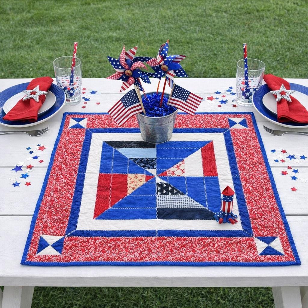 Patriotic Quilted Table Topper • Red White & Blue Pinwheel • Independence Day Picnic Decor