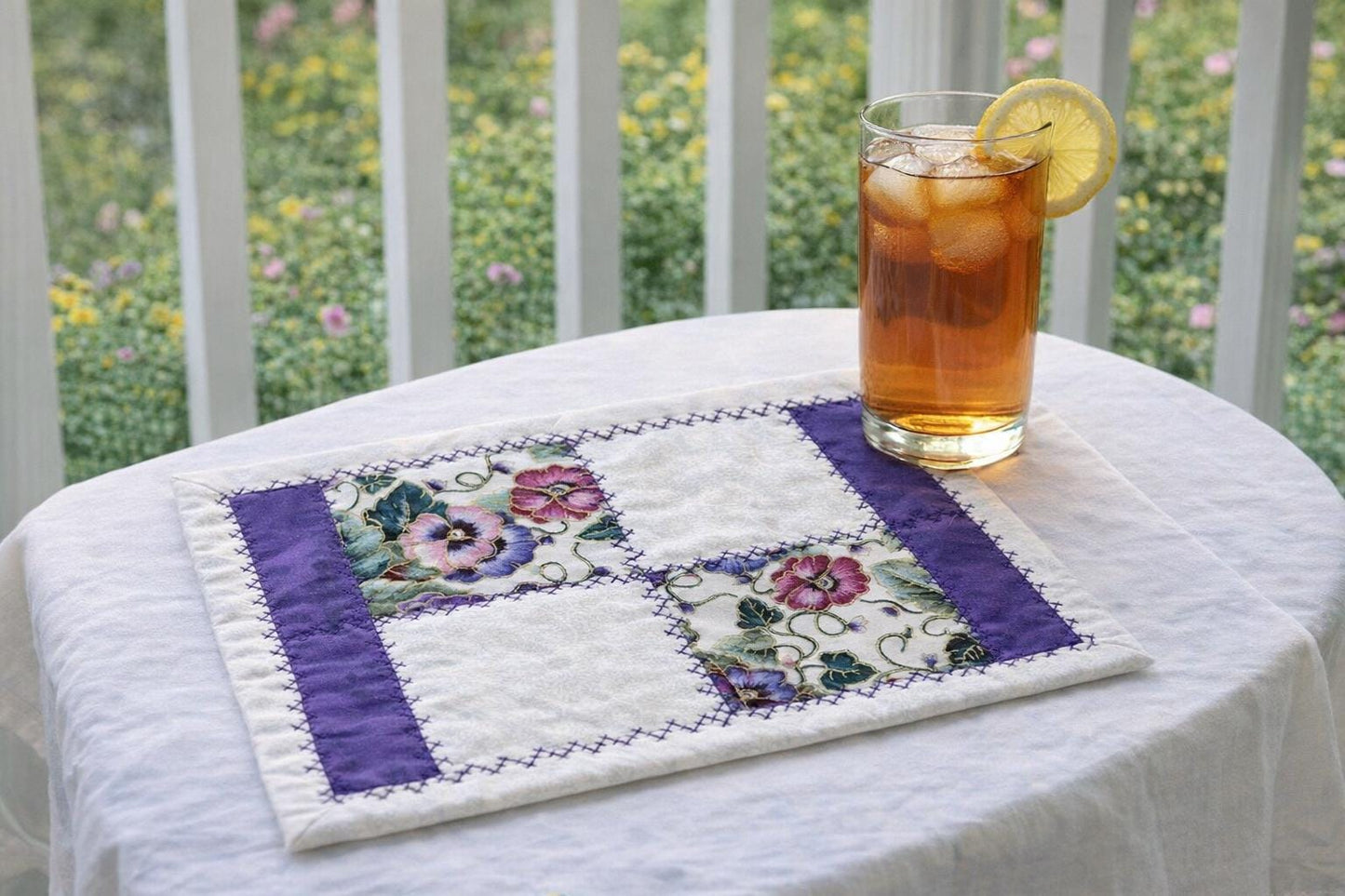 Quilted Mug Rug • Large Coaster • Purple Floral Spring Accent