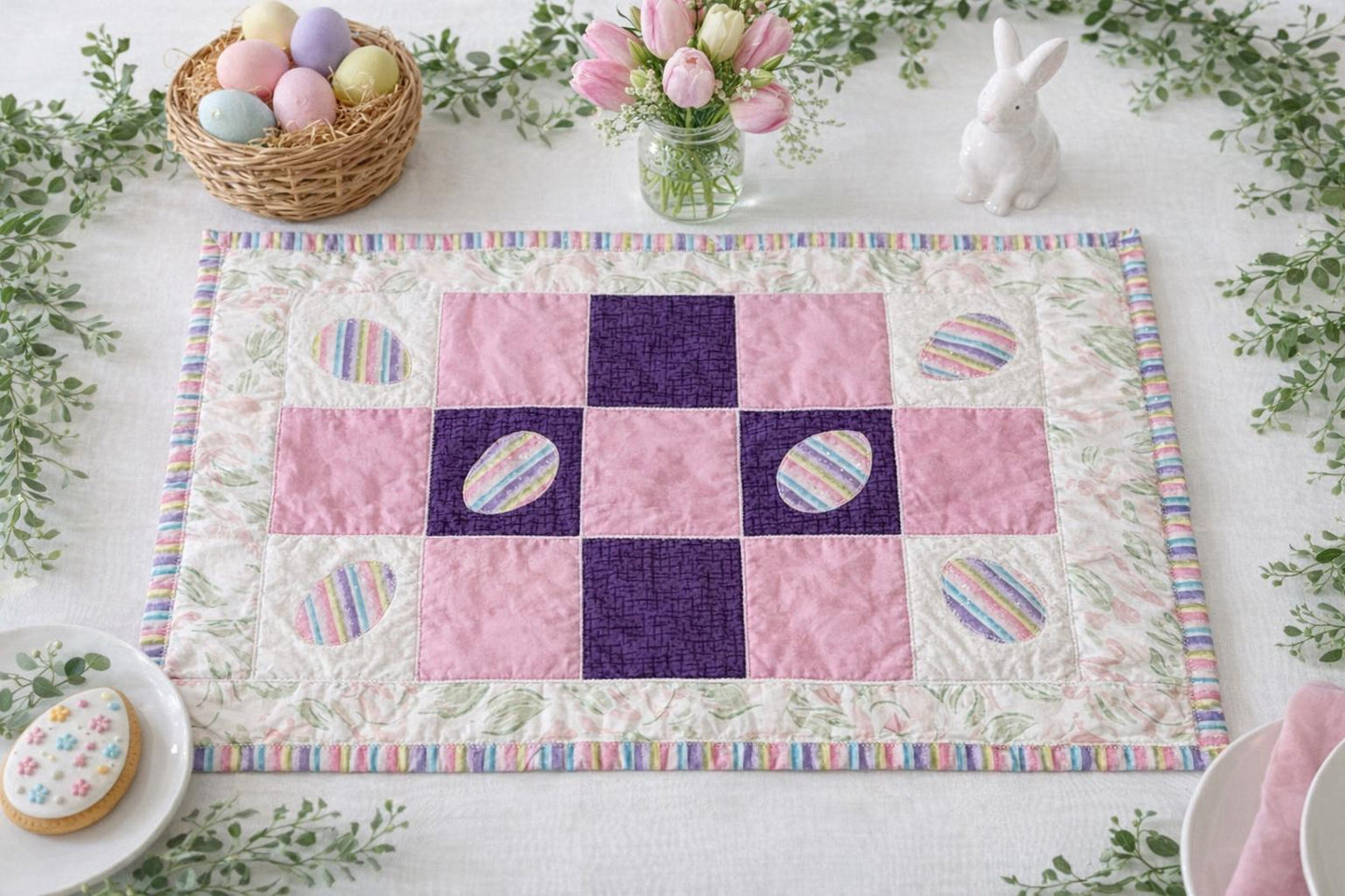 Easter Patchwork Table Mat – Quilted Pastel Decor with Egg Appliqués – Spring Centerpiece