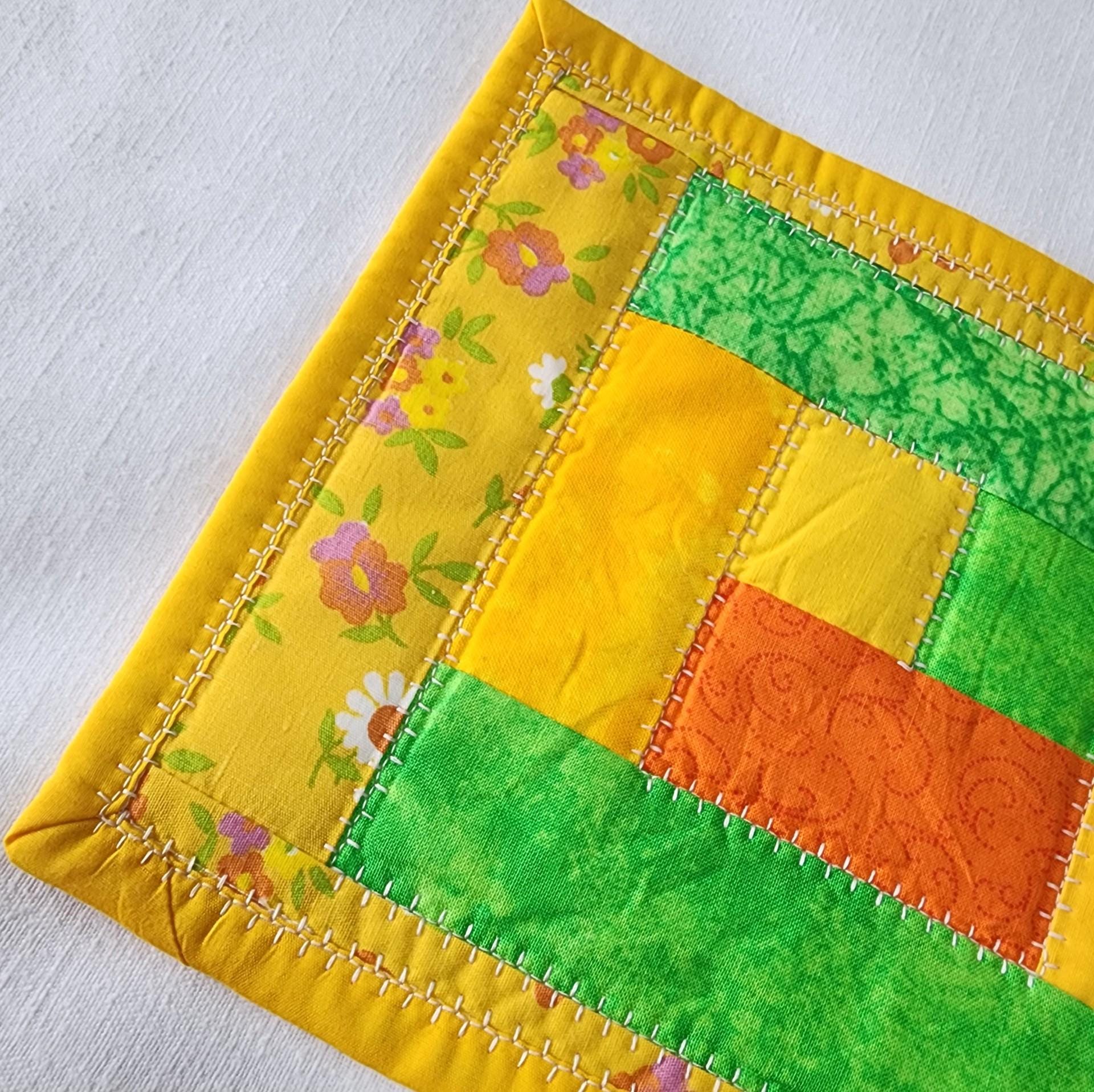Handmade Quilted Mug Rug • Yellow Green Orange Cotton Coaster (7"x9")