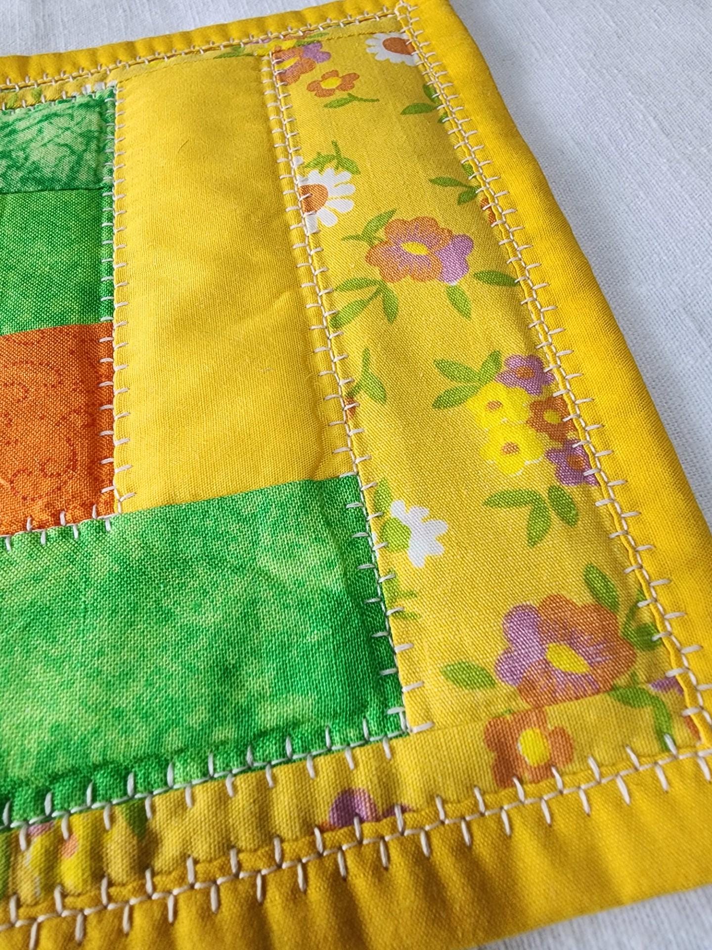 Handmade Quilted Mug Rug • Yellow Green Orange Cotton Coaster (7"x9")