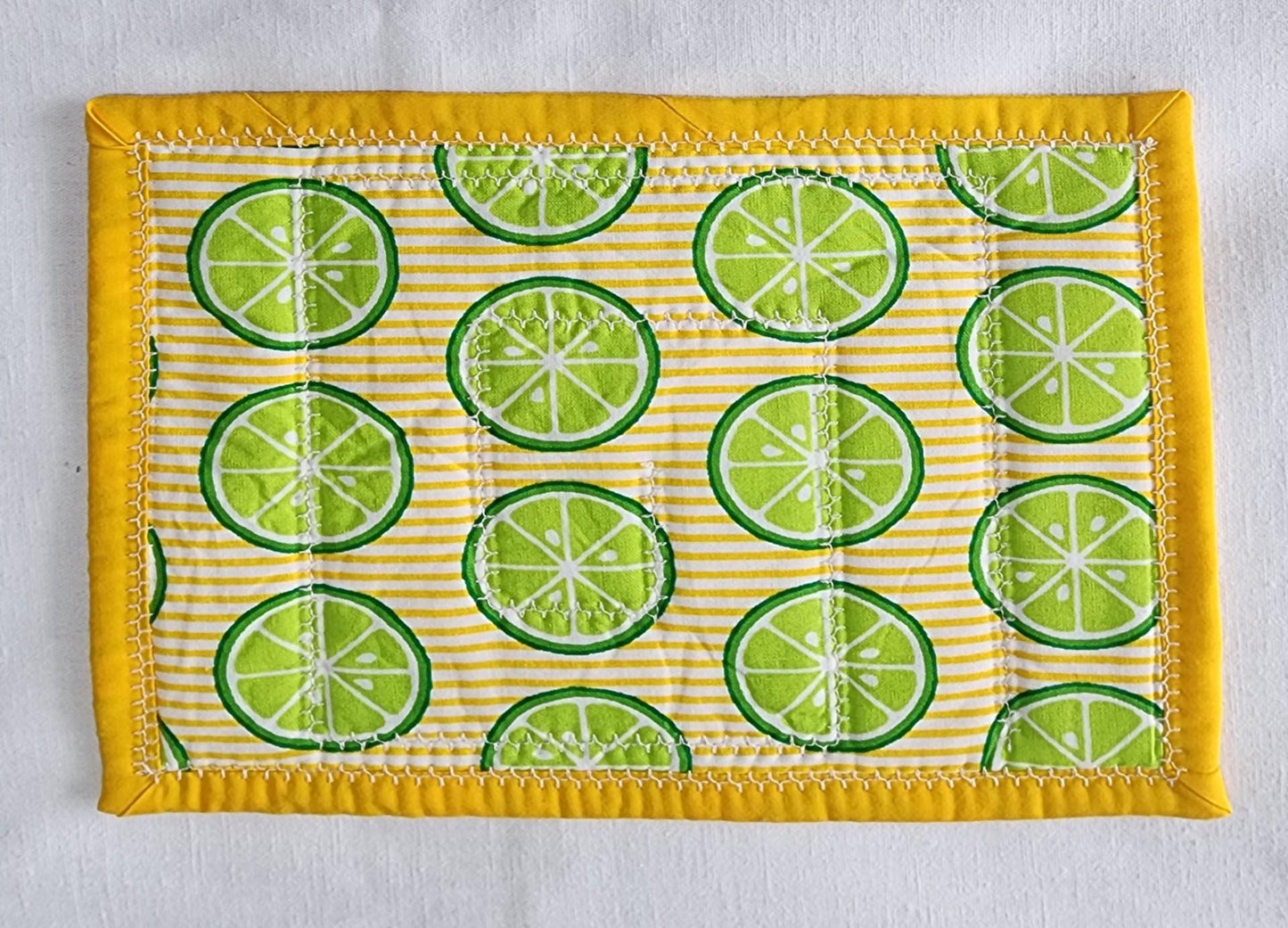 Handmade Quilted Mug Rug • Yellow Green Orange Cotton Coaster (7"x9")