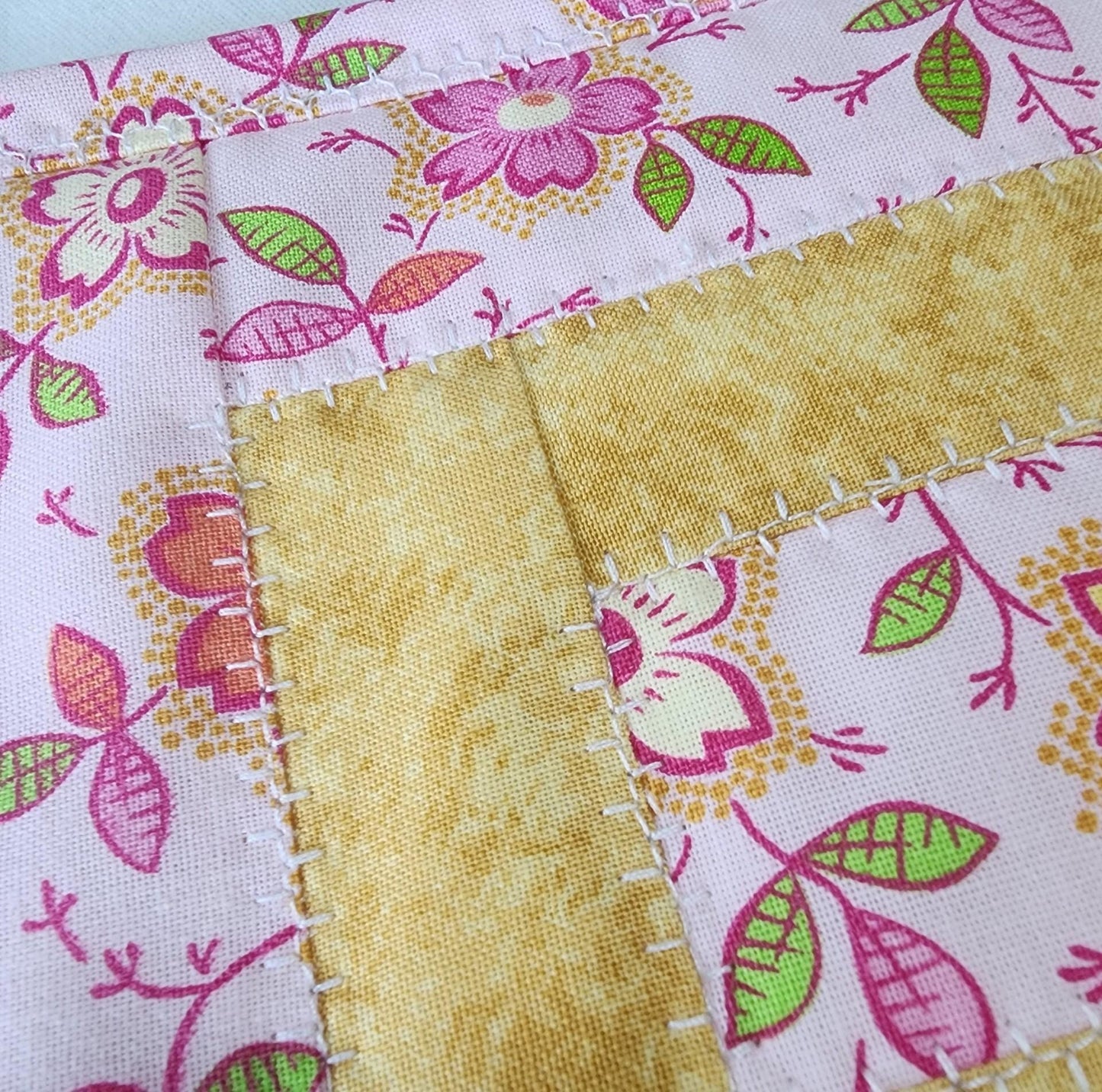 Pink and Yellow Floral Quilted Mug Rug • Large Coaster • Spring Mini Quilt
